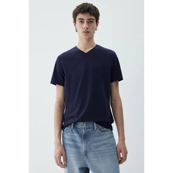 Футболка Slim Fit с V-образным вырезом H&M, Цвет: Темно-синий, Размер: S