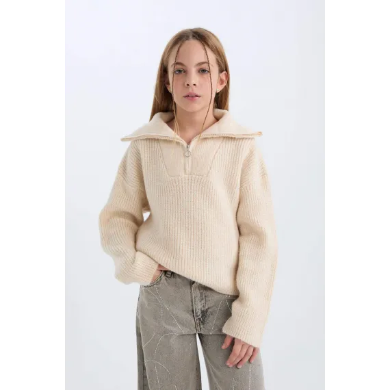 Свитер трикотажный с полумолнией для девочек-подростков DeFacto, Цвет: Экрю, Размер: 8-9 лет, изображение 4