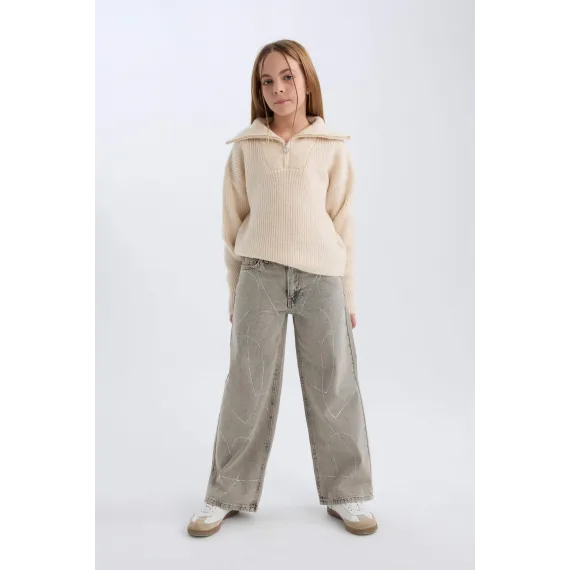 Свитер трикотажный с полумолнией для девочек-подростков DeFacto, Цвет: Экрю, Размер: 7-8 лет, изображение 5