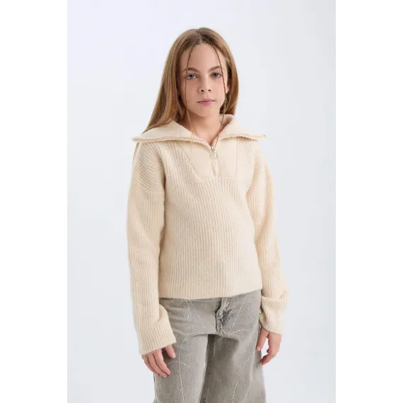 Свитер трикотажный с полумолнией для девочек-подростков DeFacto, Цвет: Экрю, Размер: 7-8 лет, изображение 6