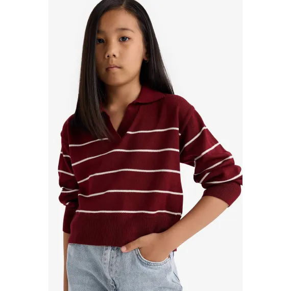 Свитер детский поло с полосками стандартный крой DeFacto, Цвет: Бордовый, Размер: 7-8 лет
