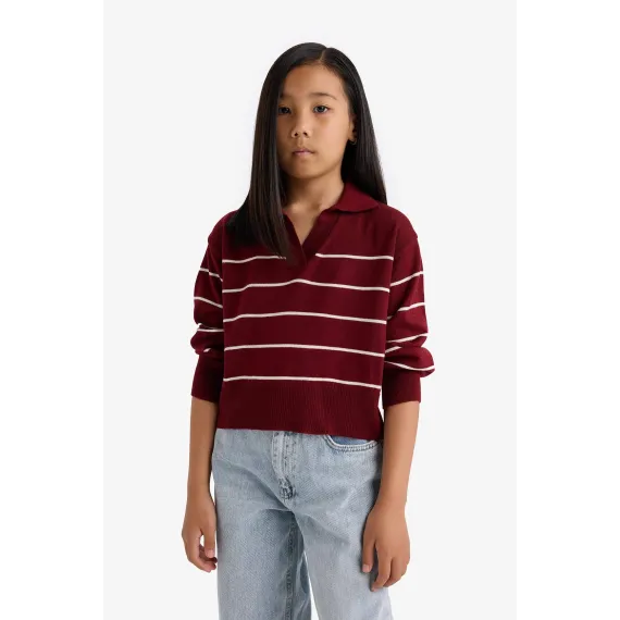 Свитер детский поло с полосками стандартный крой DeFacto, Цвет: Бордовый, Размер: 7-8 лет, изображение 3