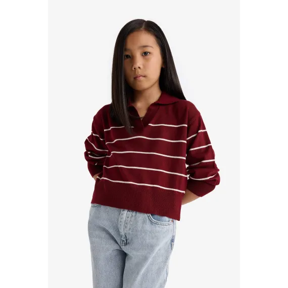 Свитер детский поло с полосками стандартный крой DeFacto, Цвет: Бордовый, Размер: 7-8 лет, изображение 4